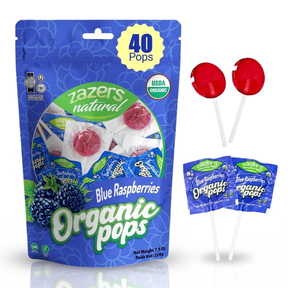 Zazers Natural Organic Blue Raspberry Lollipops, 40 Count, USDA Organic, Kosher, Vegan