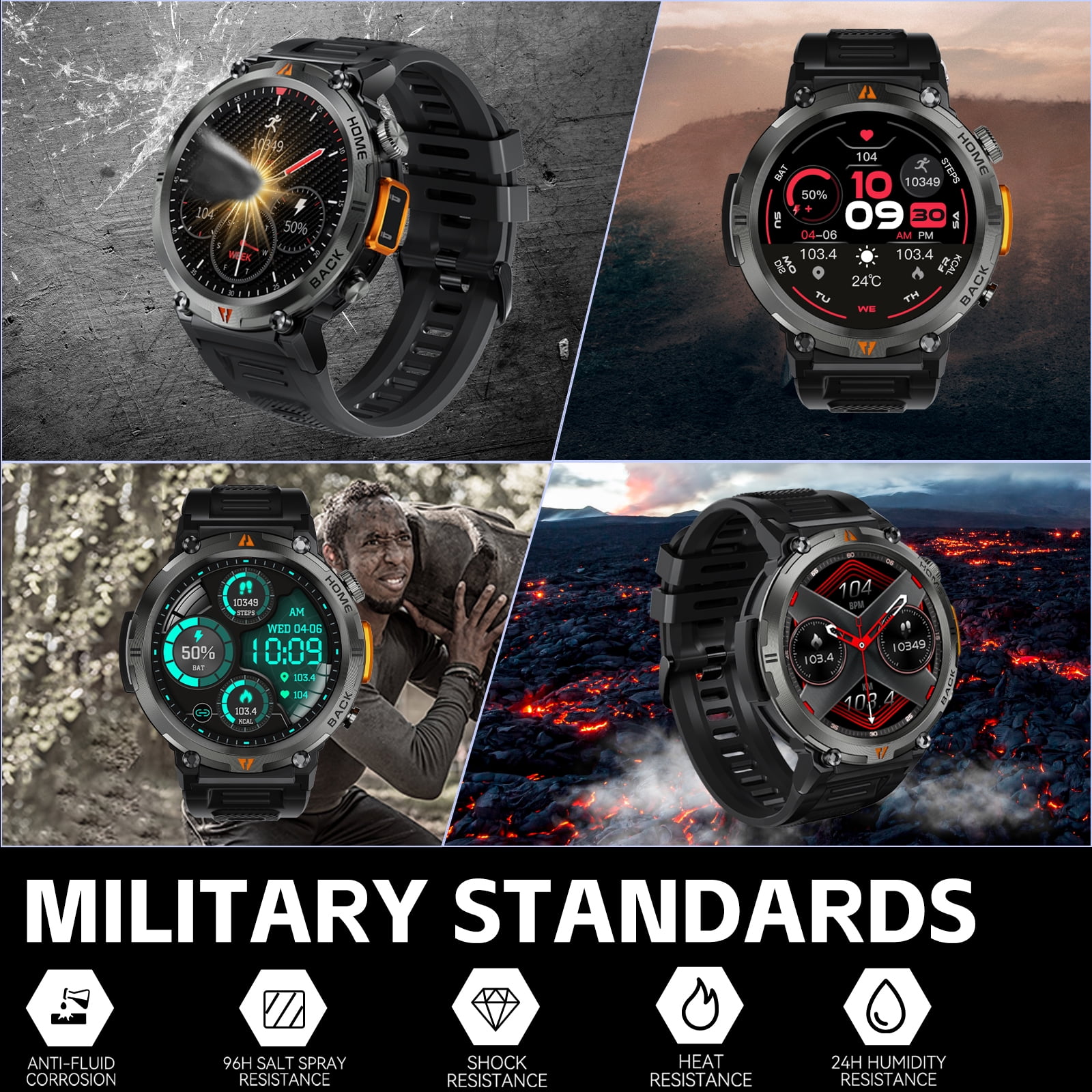 XAXRE Smart Watches with Flashlight for Men, 1.45 inches Bluetooth Call Watch Activity Tracker, Rugged Outdoor Tactical Watch for Android and iPhone, Black