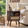 thumbnail image 6 of LELELINKY 2pc Rattan Nightstand with Charging Station, Boho Bedside Table with Drawer and Open Shelf, Solid Wood Legs, Walnut, 6 of 7