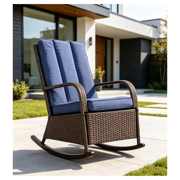 Blue Rattan Rocking Chair Patio Recliner - Adjustable Outdoor Wicker Chair with Cushion & Footrest, 135° Recline, Brown Rattan