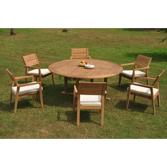 Grade-A Teak Dining Set: 6 Seater 7 Pc: 72" Round Table And 6 Vellore Stacking Arm Chairs Outdoor Patio WholesaleTeak #WMDSWVm