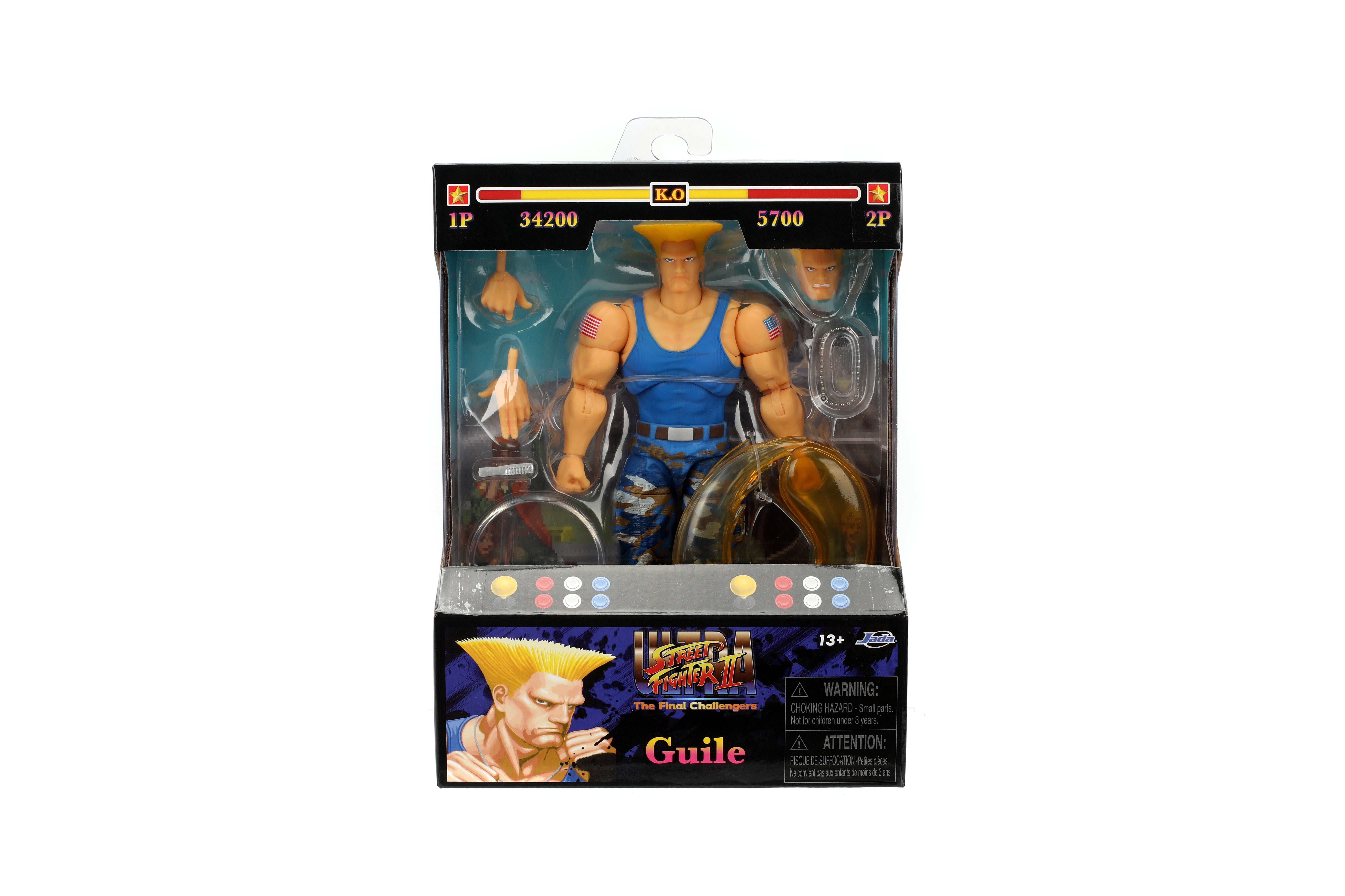 Jada Toys Street Fighter II Guile (Player 2) 1:12 Action Figure Interchangeable Heads, Hands & Accessories
