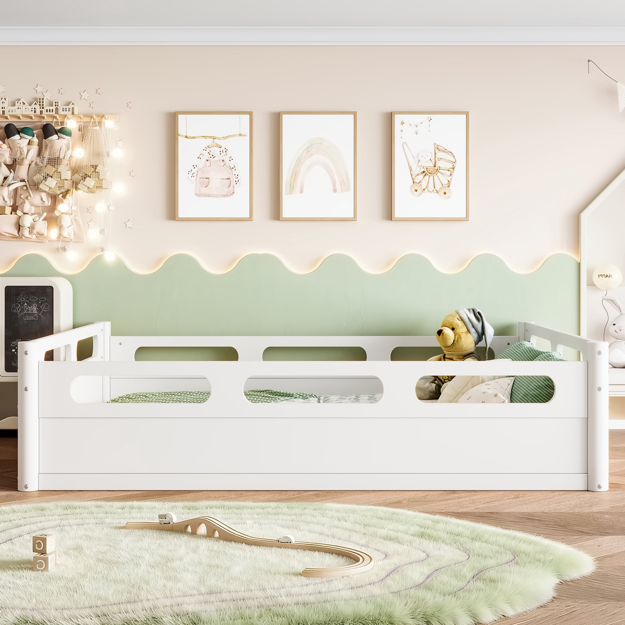 Leumius Full Size Floor Bed with Full-length Guardrails,Low Profile Montessori Bed Frame,Easy Assembly, No Box Spring Needed,White
