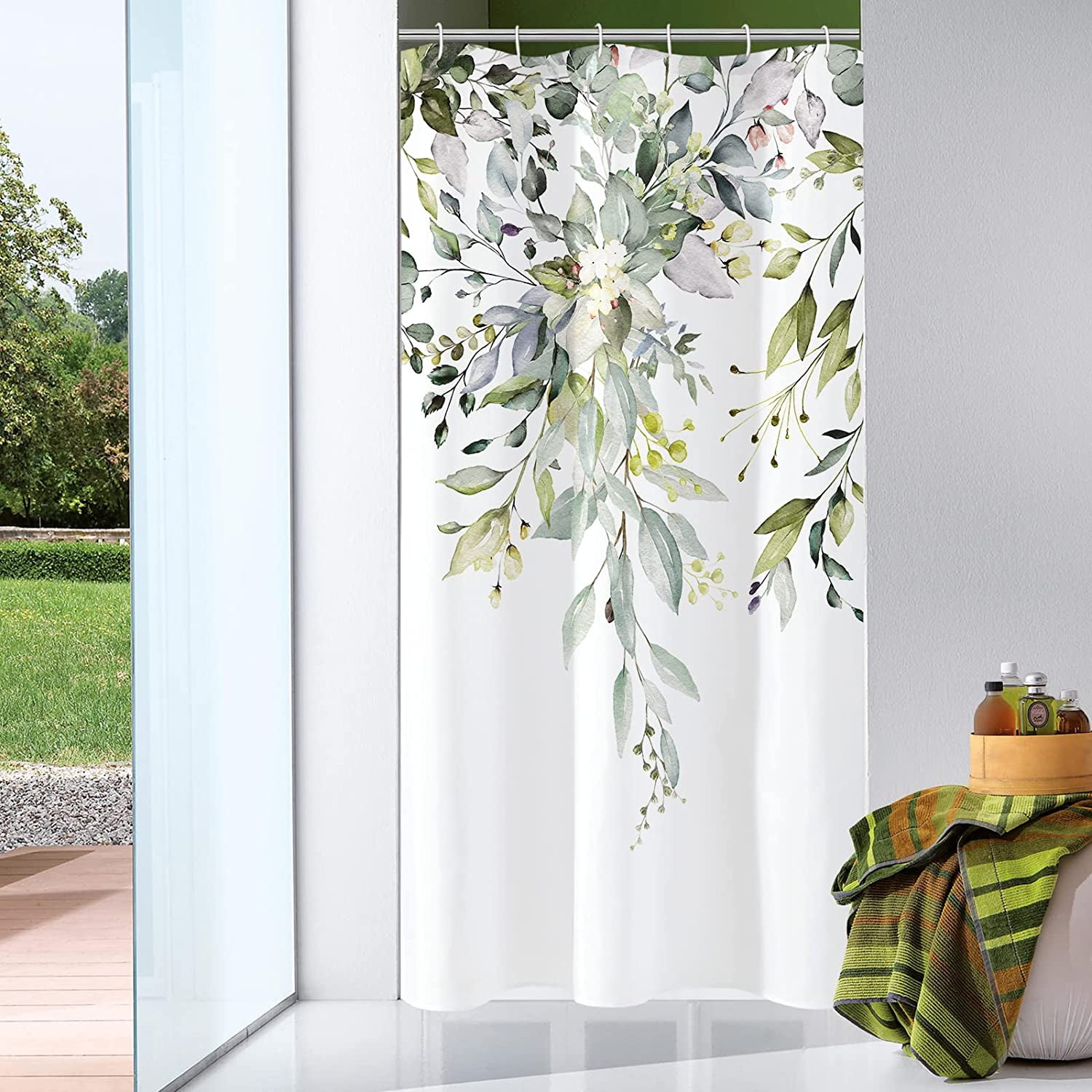 Sage Green Eucalyptus Shower Curtain, Watercolor Plant Leaves with