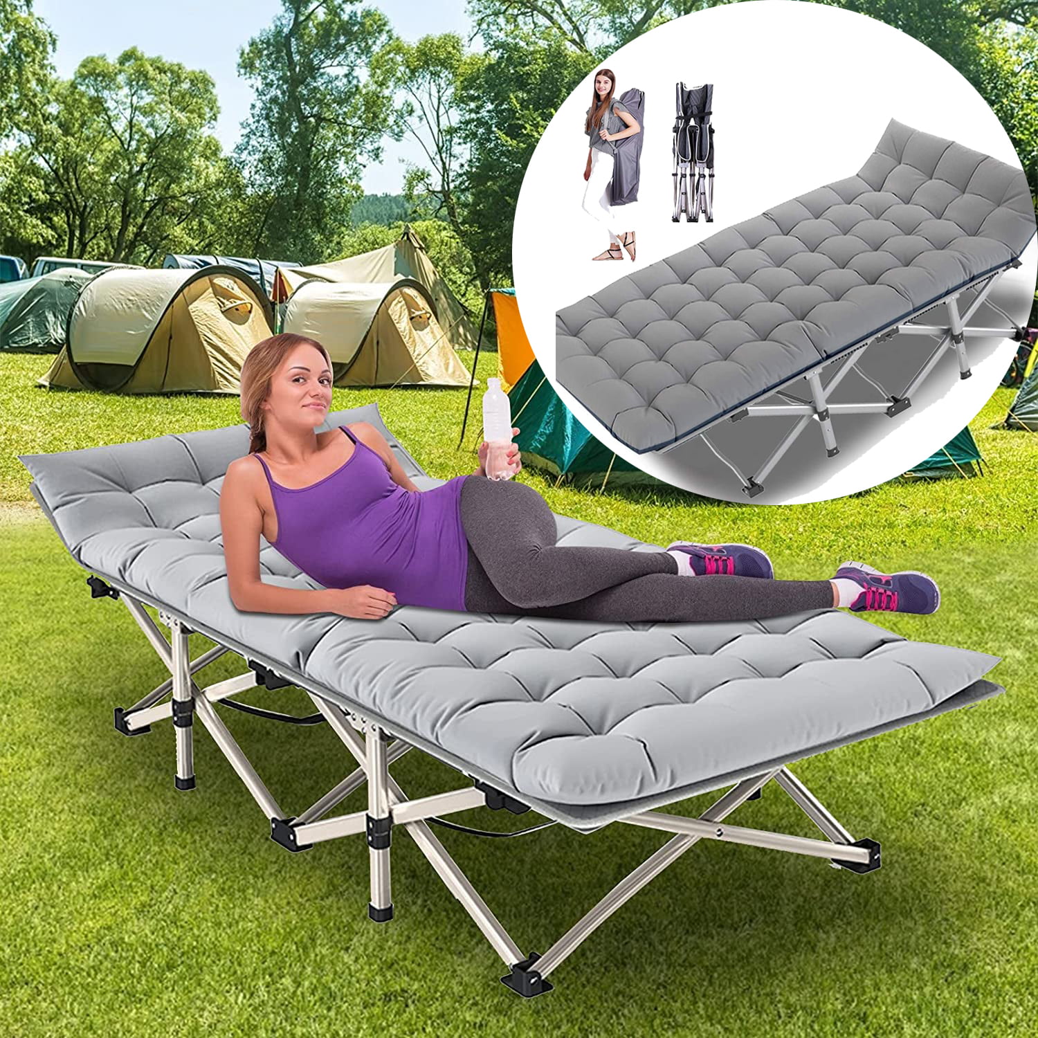 Portable Folding Bed Home Camping Travel Cot+Keepwarm Thickened Pearl Cotton Pad 