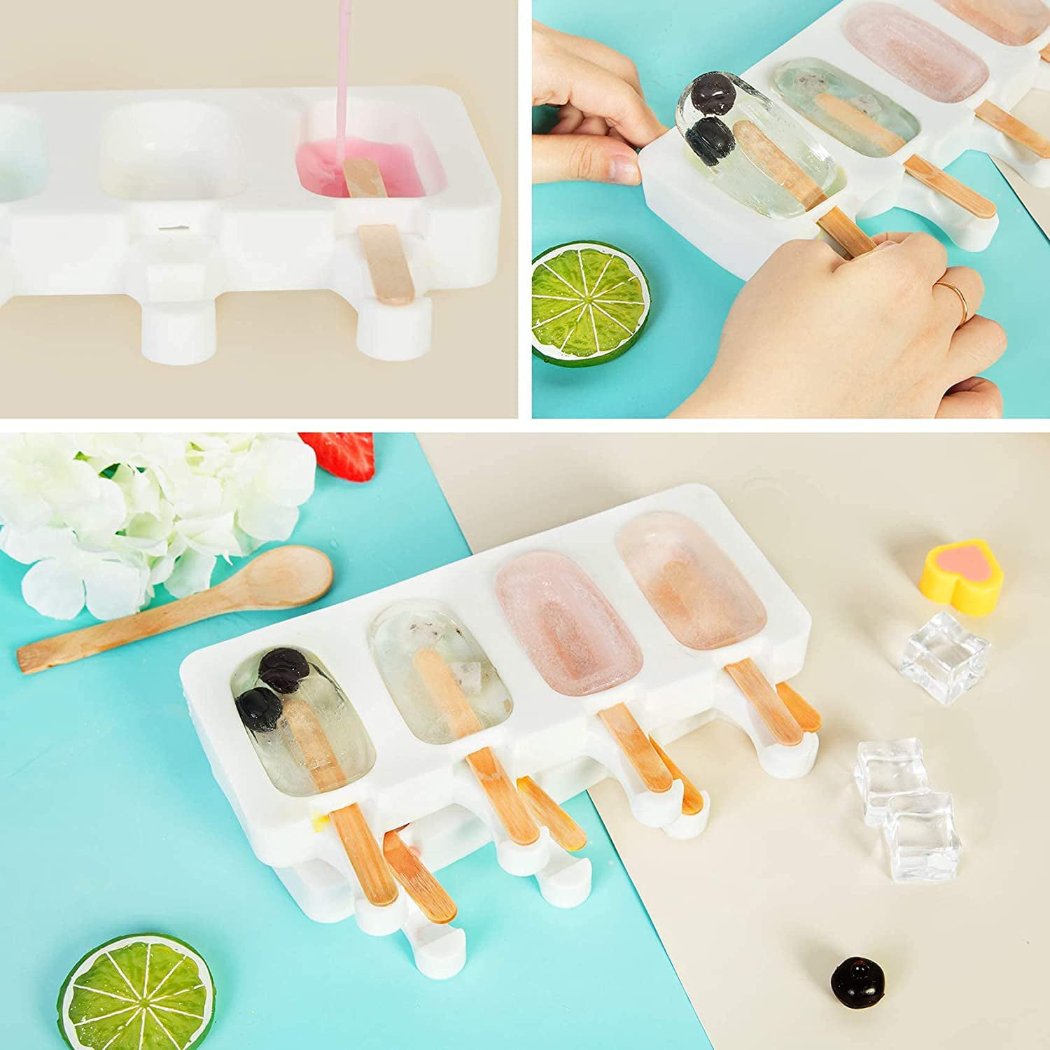 Silicone Popsicle Molds Set Of 2,Ice Cream Mold,Cakesicle Molds  Silicone,Cake Pop Mold,Ice Pop Mold Silicone 4 Cavities With 50 Wooden  Sticks&50