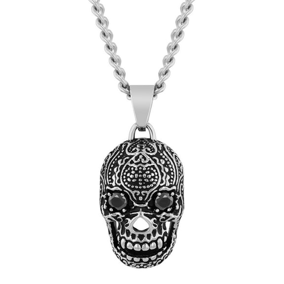 Men's Stainless Steel Skull Pendant with Black Crystals - Believe by Brilliance