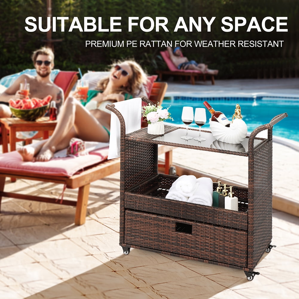 Outdoor Rolling Wicker Bar Cart Sideboard On Wheels with Ice Bucket and Storage Compartments Brown Outdoor Rolling Wicker Bar Cart Sideboard On Wheels with Ice Bucket and Storage Compartments Brown