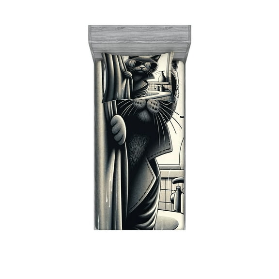 Ambesonne Cat Fitted Sheet & Pillow Sham Set, Cool Detective Kitty Monochrome, Twin, Dark Grey Pale Sepia