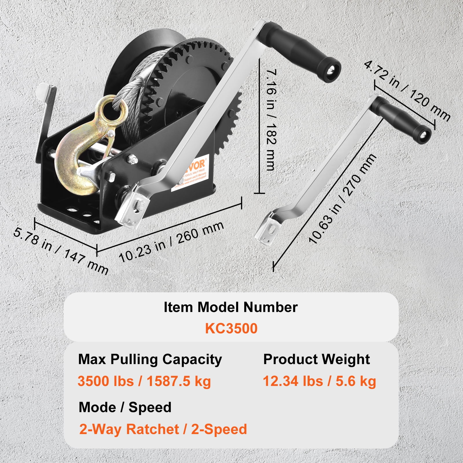 VEVOR Hand Winch, 3500 lbs Pulling Capacity,Boat Trailer Winch Heavy Duty Rope Crank with 33 ft Steel Wire Cable and Two-Way Ratchet,Manual Operated Hand Crank Winch for Trailer, Boat or ATV Towing