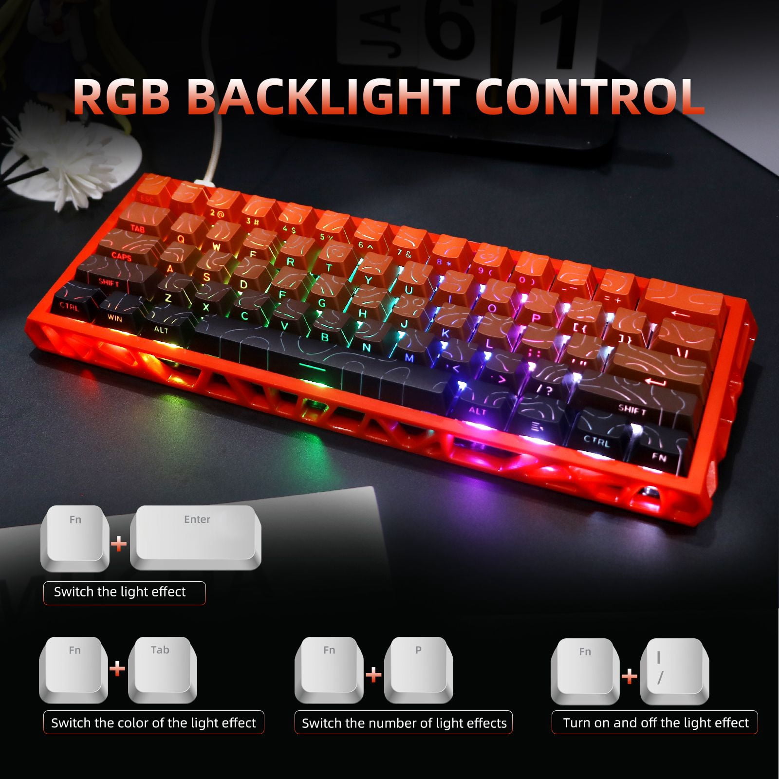 61 Keys Mechanical Keyboard, 60% Layout, Hollow Shell in 6 Colors, RGB Backlit, Full N-Key Rollover, Hot-Swappable Linear Red Switch, Backlit PBT Keycaps