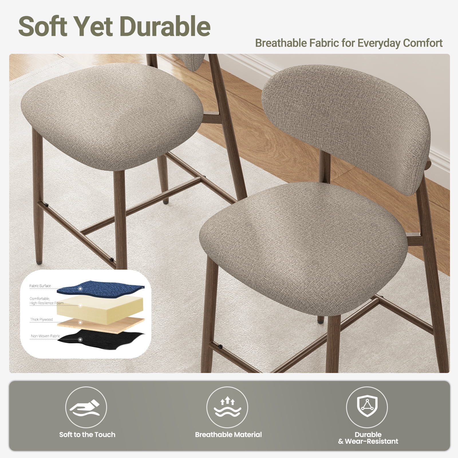 AFO Counter Height Bar Stools Set of 4, Modern Upholstered Kitchen Island Chairs with Back, Wood Grain Metal Legs, Camel