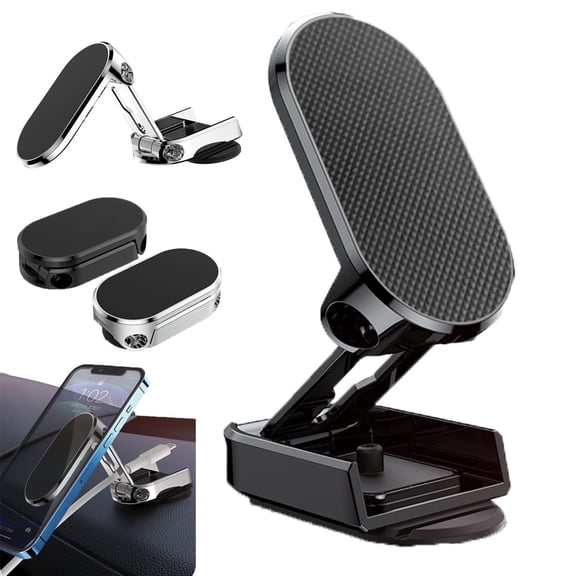 Universal Magnetic Car Phone Holder - 360° Rotating, Foldable, Aluminum Alloy, Dashboard Vent Mount for All Smartphones, Black