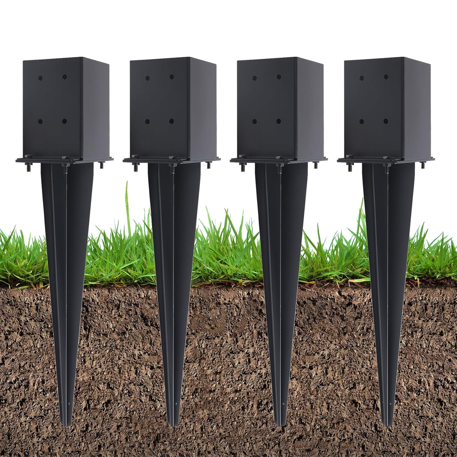 4 Pcs 22 Fence Post Anchor Ground Spike|Black Powder-Coated|4 x4 | Actual 3.6 x3.6 Heavy Duty Metal Fence Post Anchor for Deck| Fence| Porch| Railing| Mailbox