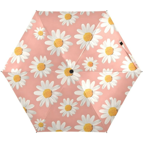 JSTEL Daisy Flower Pink Folding Umbrella for Rain Sun Travel Mini Lightweight Compact Umbrellas