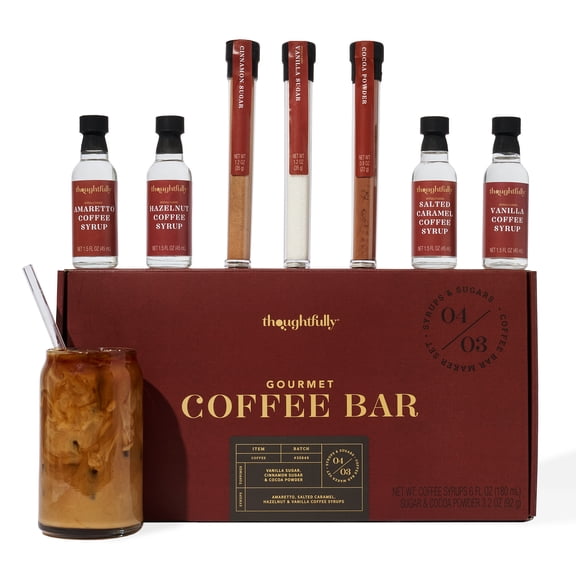 Thoughtfully Gourmet Coffee Bar Set, Includes 2 Sugars, 1 Cocoa Powder and 4 Uniquely Flavored Coffee Syrups