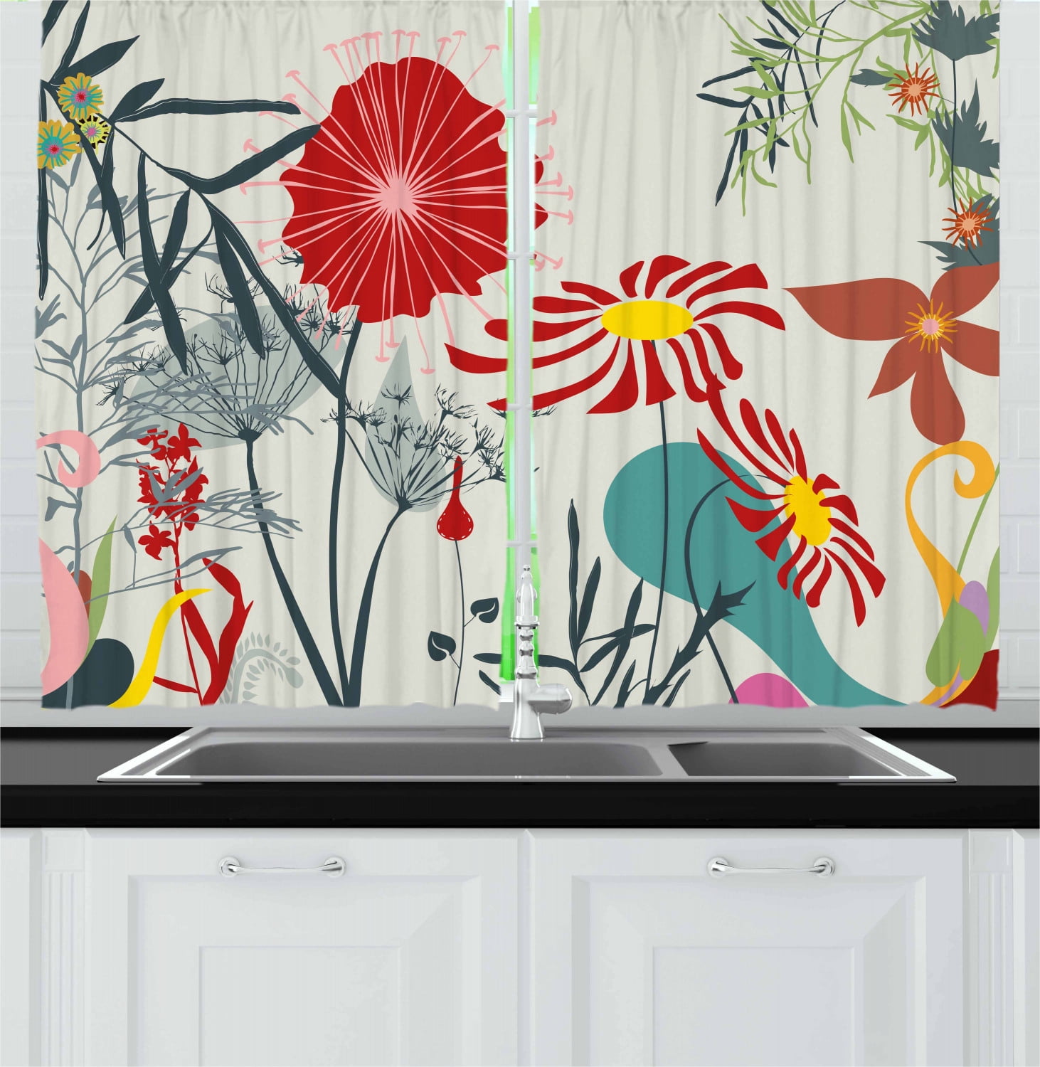 Floral Curtains 2 Panels Set, Dandelions Garden Beauty with Vivid Full of Various Wild Flower