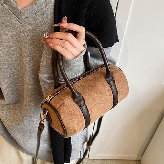 Women's Mini Faux Suede Barrel Purse - Small Boston Tote Bag with Top Handles & Crossbody Strap,Elegant Crossbody Bag,Versatile Shoulder Handbag for Travel, Dating, Party, Daily Use