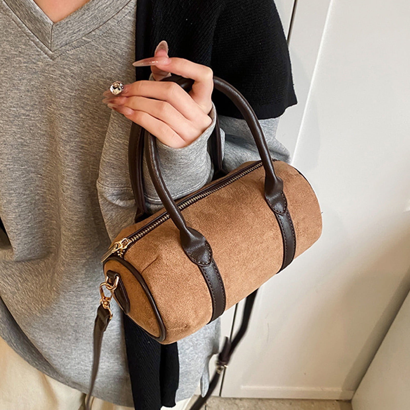 Faux Suede Purse PU Leather Boston Barrel Bag with Handle Small Crossbody Handbag for Women Travel Shopping Daily Brown