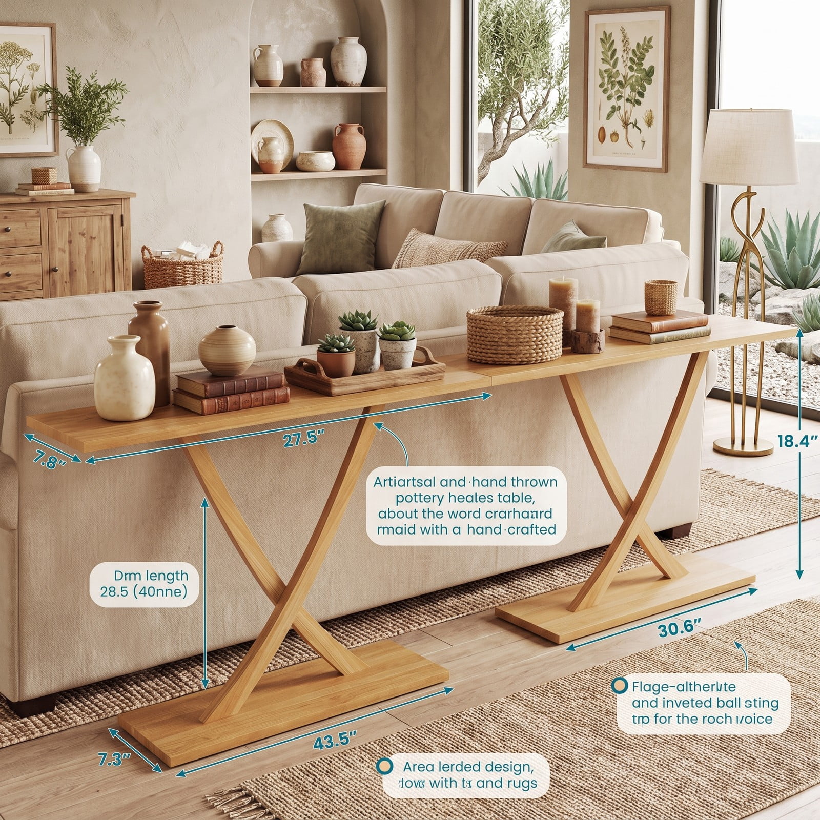 Furnibear 57 Inch Solid Wood Console Table with Teak Wood Frame and Geometric X-Shaped Base for Living Room and Entryway, Natural