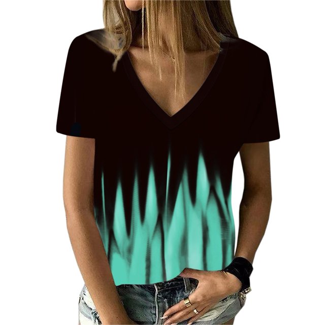 Camiseta de manga corta para mujer, cuello en V, estampado gráfico, informal, holgado, de moda, Top básico de verano, Verde M