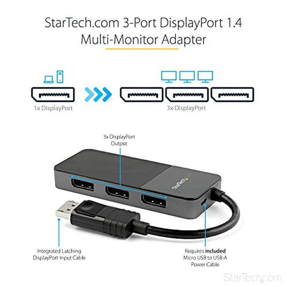 StarTech.com 3-Port Multi Monitor Adapter - DisplayPort 1.4 to 3x 4K DisplayPort Video Splitter - Dual or Triple 4K - DisplayPort MST Hub for Multiple Monitors - For Windows PCs Only (MST14DP123DP)