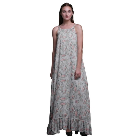 

Bimba Light Gray2 Floral Blossom & Peony Printed Long Maxi Dress For Women Rayon Nightgown Spaghetti Strap Ladies Sleepwear XXX-Large