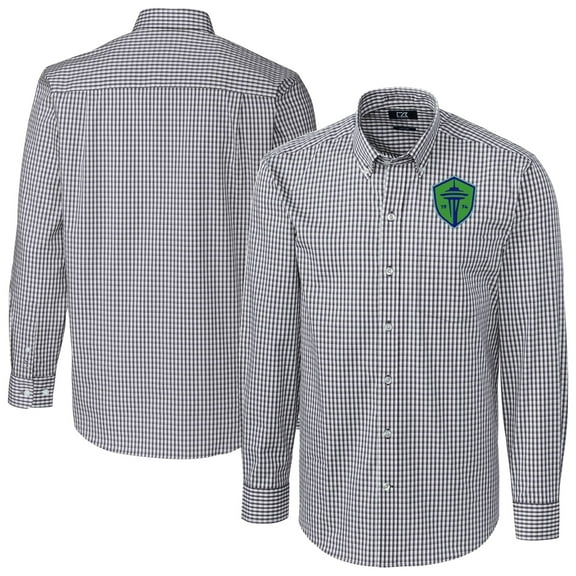 Men's-Cutter & Buck  Charcoal Seattle Sounders FC Easy Care Stretch Gingham Long Sleeve Dress Top