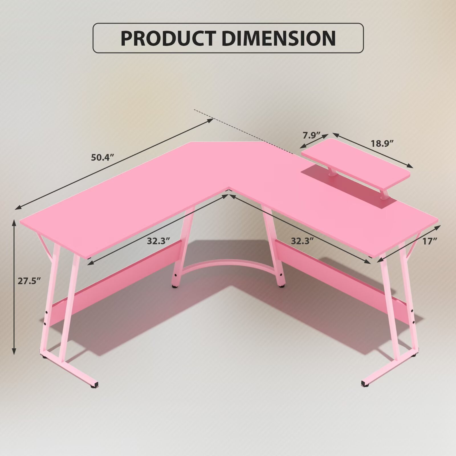 YRLLENSDAN 50 Inch L shaped Corner Gaming Desk, Adjustable Computer Desk with Large Desktop, Home Office Desk with Monitor Stand, for Home and Work Place, Pink