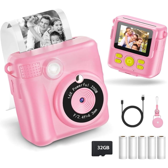 Cámara Instantánea para Niños de 1080P,Camara Fotografica Instanea,Camara Infantil para Niñas con Tarjeta SD de 32 GB y 5 Vols Papel de Irión,Cordón de Mano,Cable de Datos USB C
