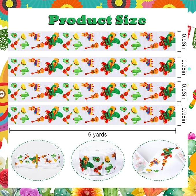 4 Rolls Mexican Theme Ribbons, 20 Yards Craft Ribbons for Wreath Hair Bow Wrapping Gifts Packing, Green Grosgrain Fabric Ribbons Birthday Weeding Gender Reveal Party Accessory Decorations