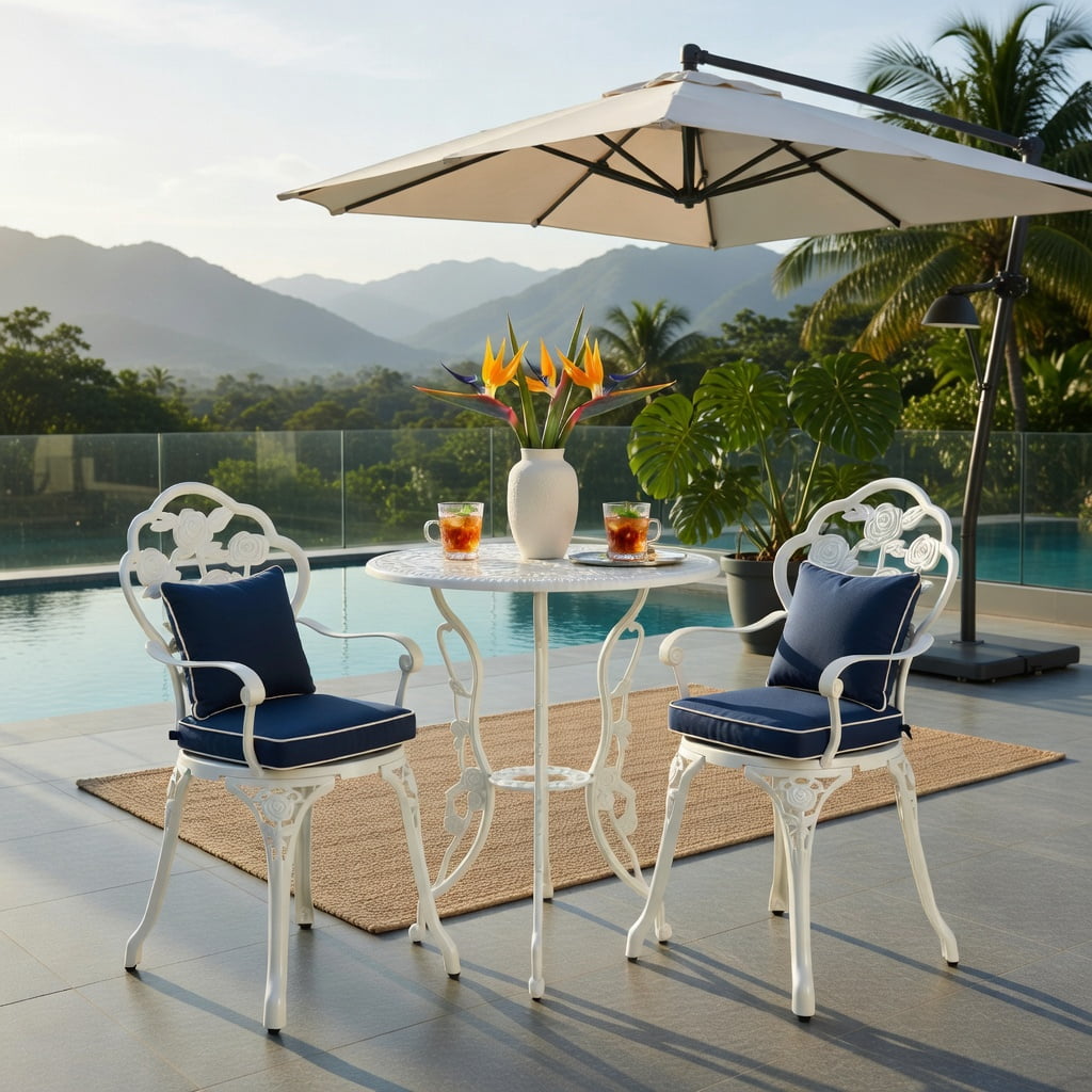 Hommoo Cast Aluminum Outdoor Patio Furniture Set, 3-Piece Rose-Embellished Table and Chairs for Balcony, Deck, Garden or Poolside, White