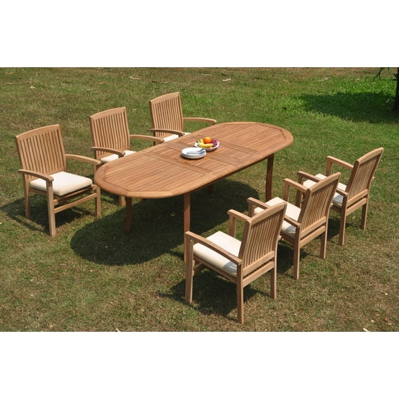 Grade-A Teak Dining Set: 6 Seater 7 Pc: 94" Double Extension Oval Table And 6 Wave Stacking Arm Chairs Outdoor Patio WholesaleTeak #WMDSWVm