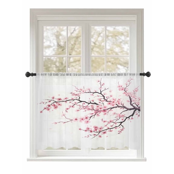 Sheer Curtains 54 Inch Length, Pink Cherry Blossom Semi Sheer Curtains Light Filtering Window Treatment, Spring Branches Floral Watercolor Privacy Voile Drapes for Living Room Bedroom 52x54 Inch