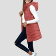 thumbnail image 2 of felwors Women's Long Hooded Down Zip Vest - Lightweight Quilted Padding with Pockets Brick Red, XL/L, 2 of 6