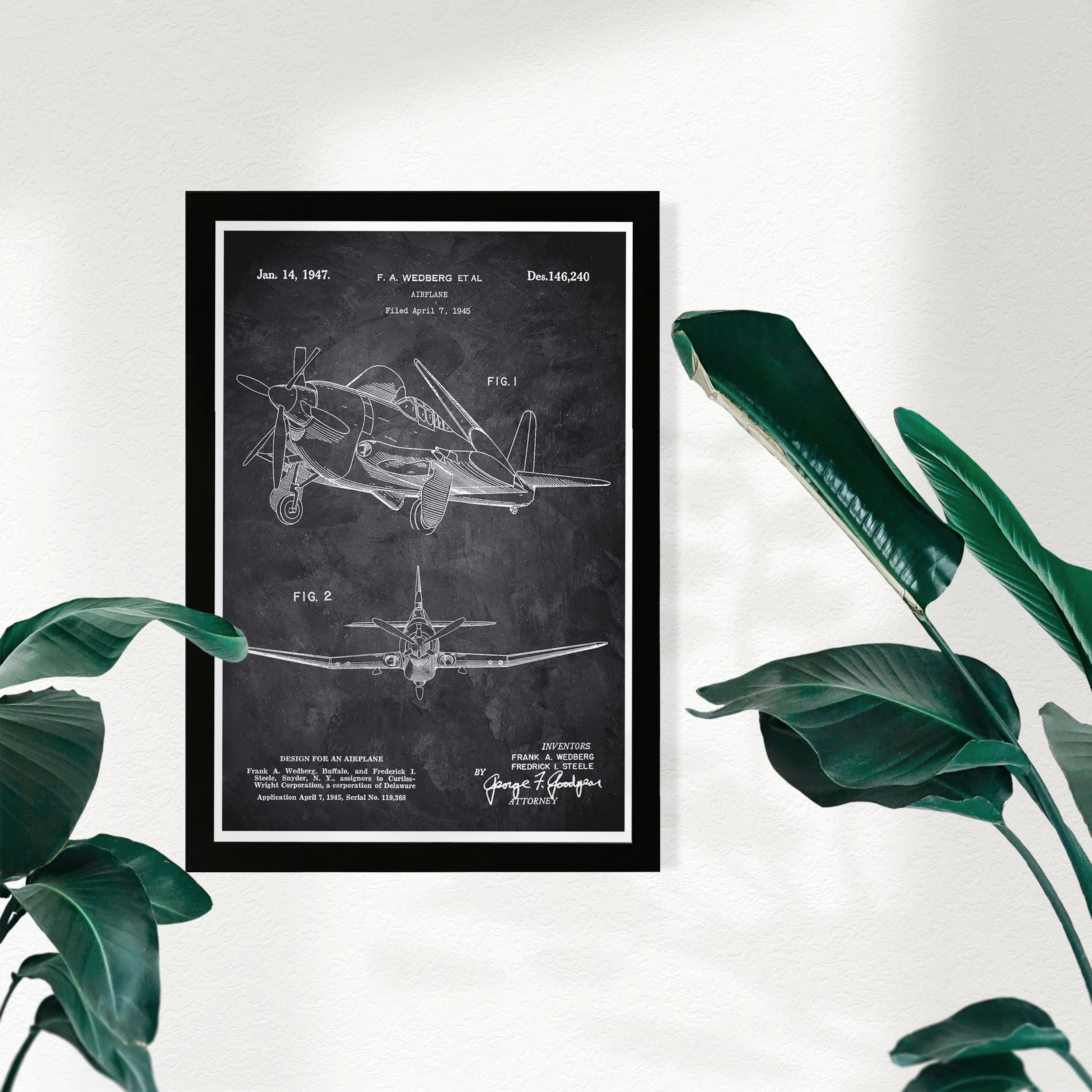 Wynwood Studio Transportation Framed Wall Art Prints 'Airplane 1947 Chalkboard' Air Transportation Home Décor - Black, White, 13" x 19"