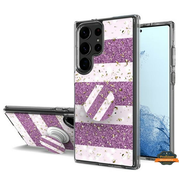 For Samsung Galaxy S23 Elegant Pattern Design Bling Glitter Hybrid with Ring Stand Pop Up Finger Holder Kickstand Phone Case Cover by Xpression - Purple White