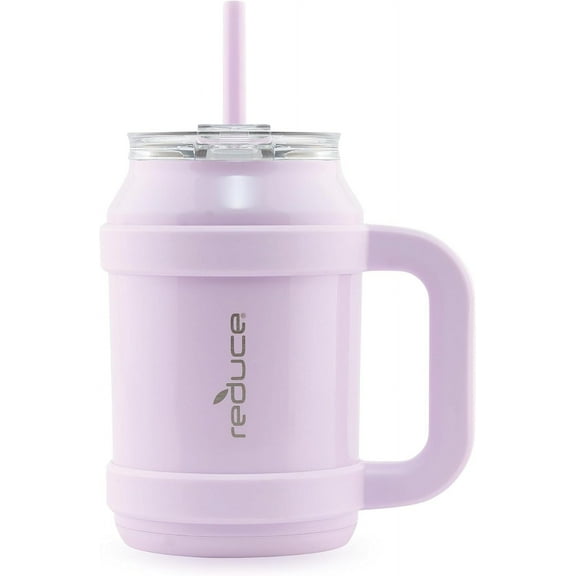 EnjinZZ Reusable 32 oz Cold1 Water Tumbler – Ergonomic Handle – Double-Wall Insulation – Sturdy Desktop/Tabletop Mug with Lid and Straw – BPA-Free – Stainless Steel for Gym, Home, or Office–Lilac Bud