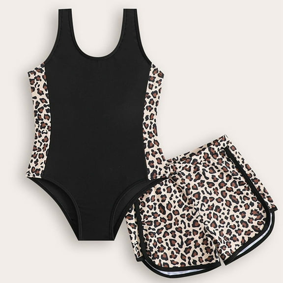 Baby Swimsuit Girl Little Girl's Loose Tank Top and Leopard Print Side Shorts Two Piece Set Bathing Suits for Girls Black 4-5 Years