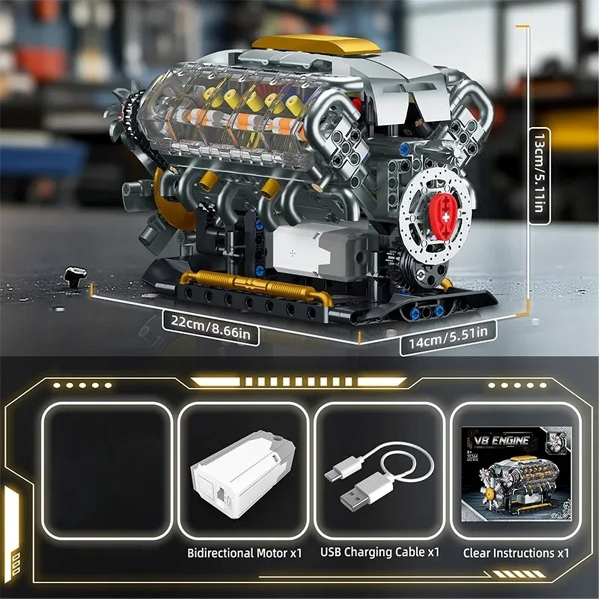 692PCS MOC V8 Engine Building Kit With Electric Motor STEM Educational Toy For Kids Adults ,Working Model Car Engine Gift Set