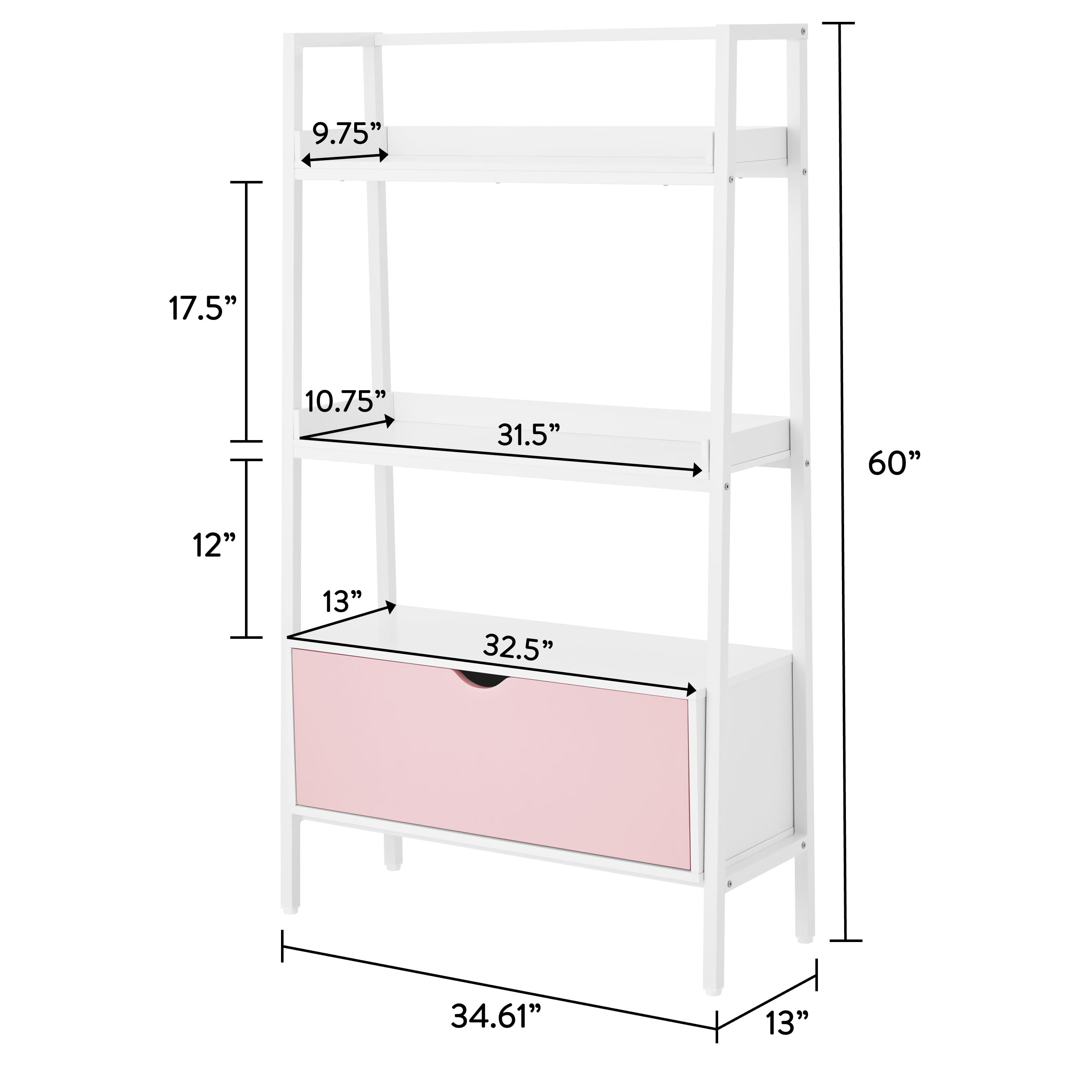 BYO Kids Ladder Bookcase with Drawer, Pink/White
