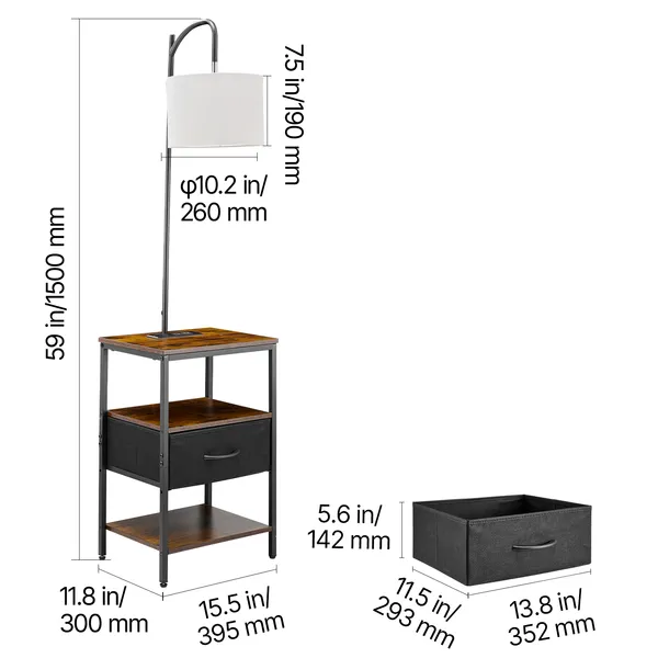 Floor Lamp with Table, 3-Tier End Table with Drawer and 3 Color Temperature Lighting, Modern Side Nightstand Bedside Desk with USB & Type C & AC Charging Port for Living Room, Bedroom, Dorm