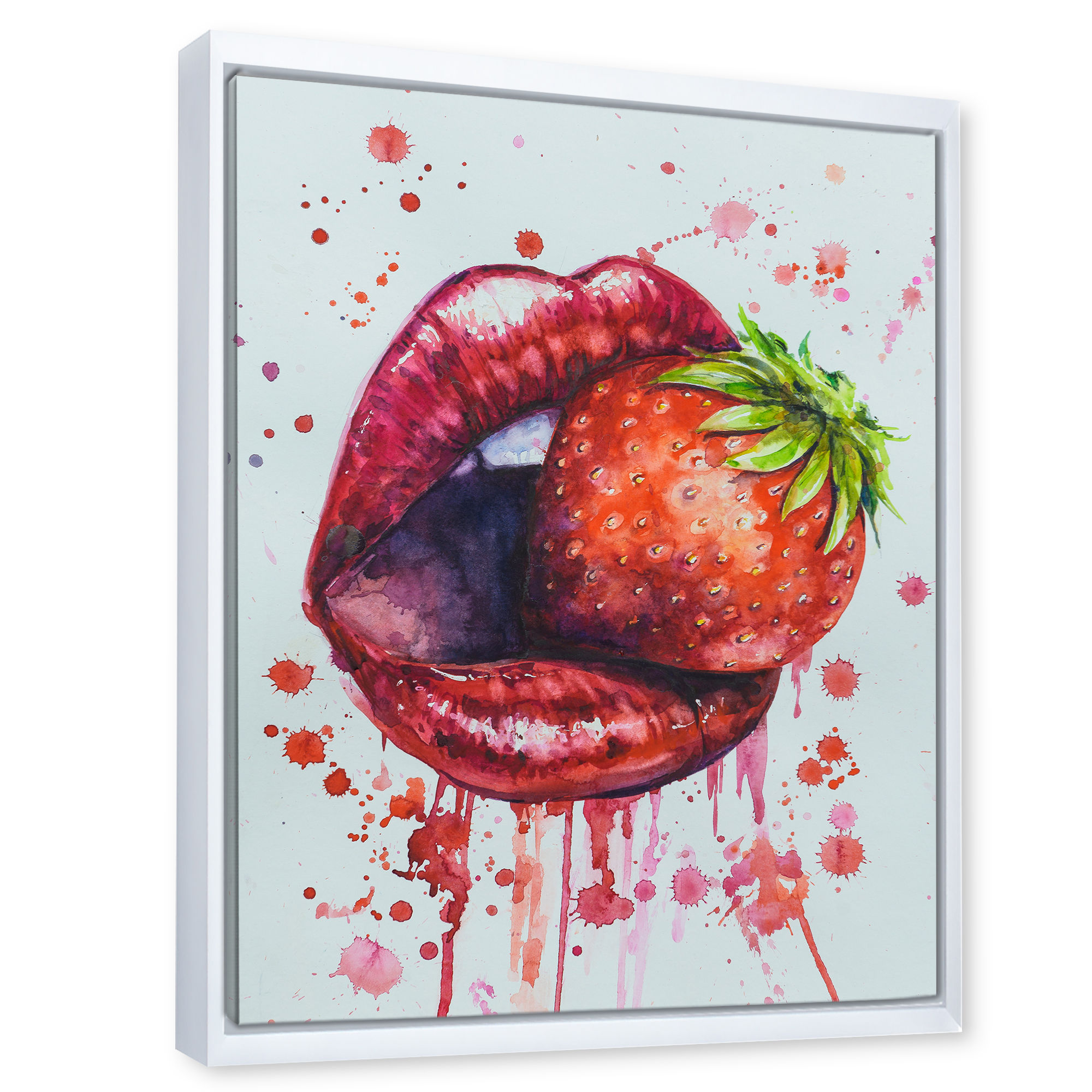 Designart 'Red Girl Lips Eating A Strawberry' Modern Framed Canvas Wall Art Print