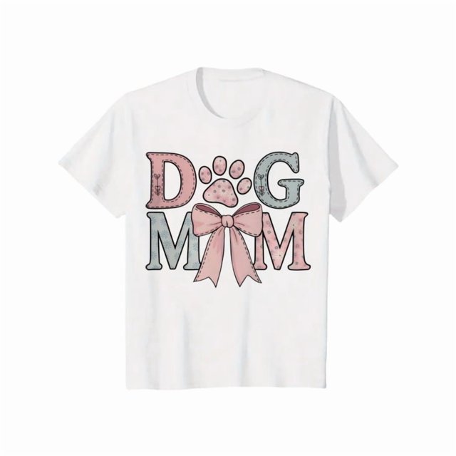 Camiseta de cuello redondo con estampado de mamá perruna para mujer: camiseta informal holgada de manga corta con lazo rosa y estampado de huella, perfecta para el Día de la Madre, para cualquier époc