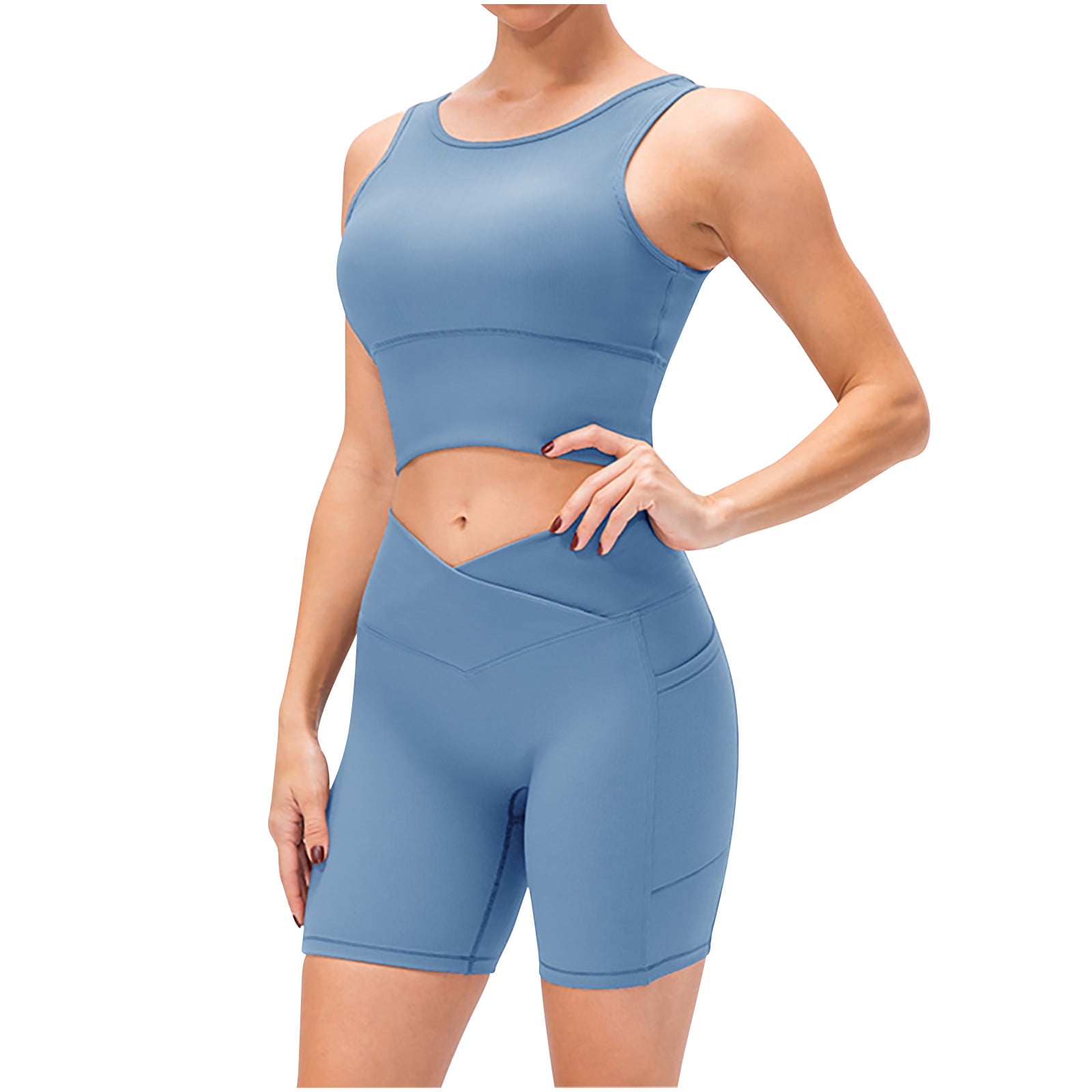 Workout Sets for Women 2 Piece Seamless Crop Tank Sport Bra High Waisted  Pockets Yoga Shorts Tracksuit Yoga Outfits