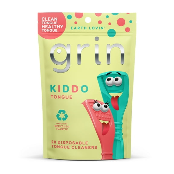 Grin Kiddo Tongue Cleaner - 28 Ct - Children’s Disposable Tongue Scraper, Made with Recycled Plastic, Gently Removes Bacteria to Help Keep Kids Healthy