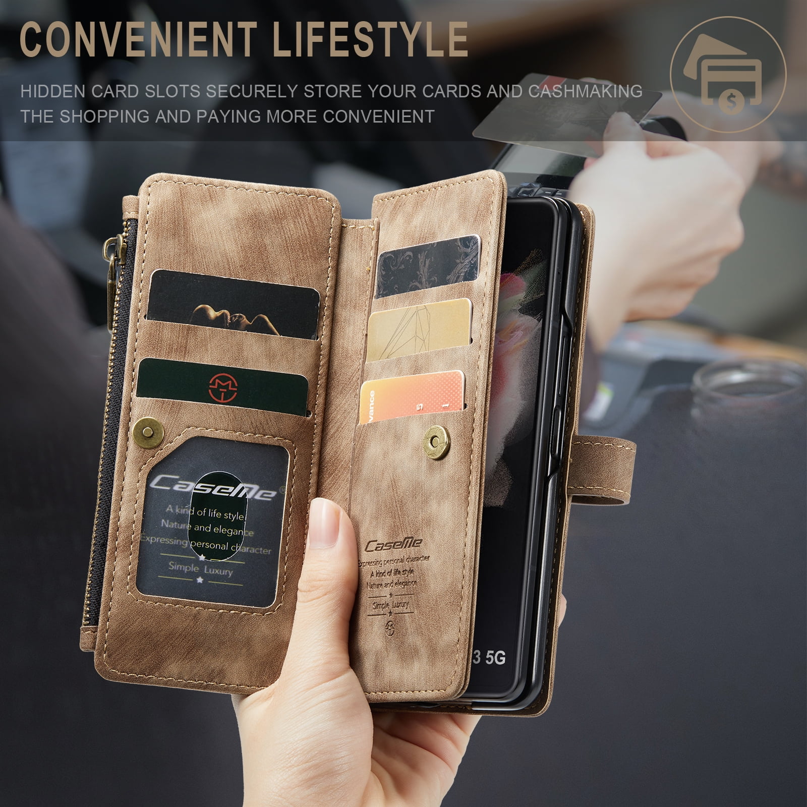 Dteck Galaxy Z Fold 3 Case, Dteck Heavy Duty Durable PU Leather Magnetic Wallet Flip Lanyard Strap Wristlet Zipper Card Holder Phone Case for Samsung Galaxy Z Fold 3 5G, Brown