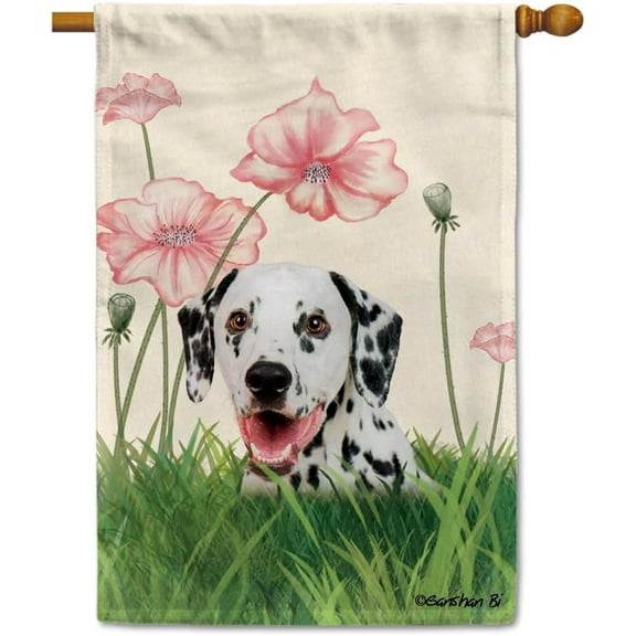 Spring Summer Dog Decorative House Flag Dalmatian Lotus Flowers Outside Banner for Yard Farmhouse Double Side 28x40 Inch