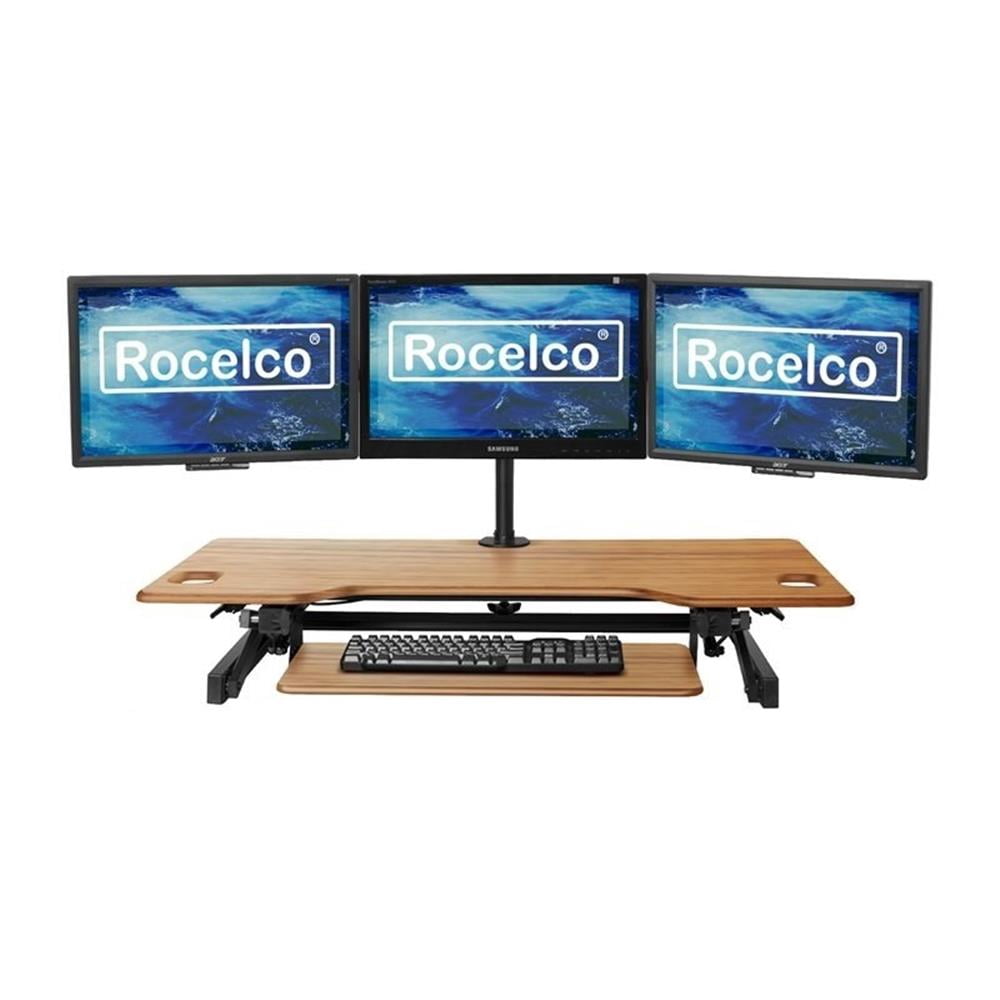Pemberly Row Adjustable Teak Standing Desk Converter/Triple Monitor Mount Bundle