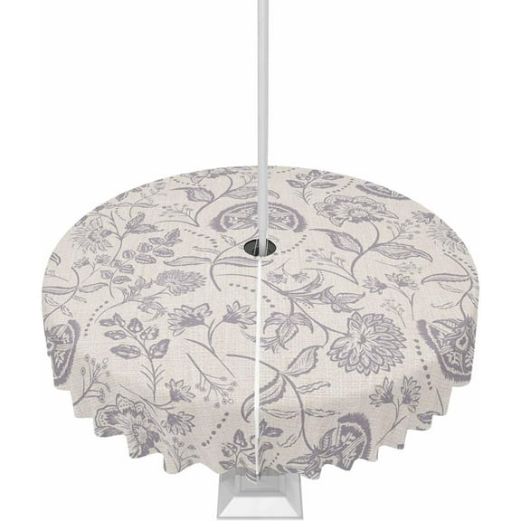 Outdoor Round Tablecloth with Umbrella Hole and Zipper, Vintage Spring Floral Waterproof Table Cover, Farmhouse Summer Botanical Washable Patio Tablecloths for Party/Garden/Picnic, 60 inch